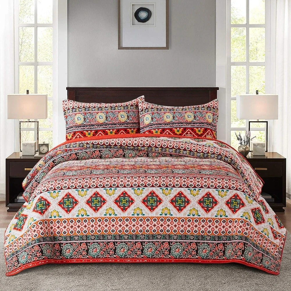 NEWLAKE Cotton Bedspread Quilt Sets-Reversible Patchwork Coverlet Set, European